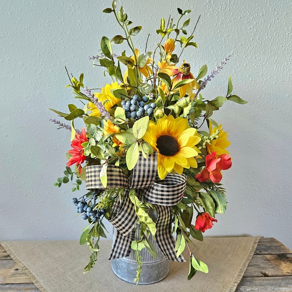 Summer Floral Arrangement - Sunflower Arrangement - Farmhouse Centerpiece - Rustic Arrangement - Milk Can Arrangement