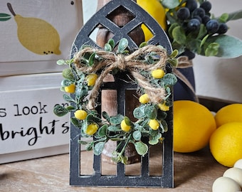 Miniature Lemon Wreath - Wreath on Wood Window Arch - Lemon Decor - Window Arch - Farmhouse Tiered Tray Decor
