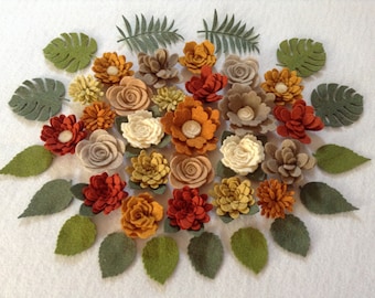 Fall Felt Flowers, Autumn Felt Flowers, Loose Felt Felt Flowers, Flower Embellishment, Colorful Felt Flowers, 25 Flowers+2 foliage+14 leaves