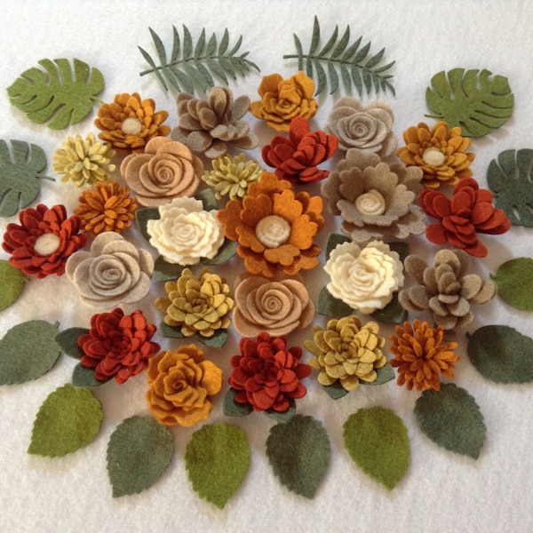 Fall Felt Flowers, Autumn Felt Flowers, Loose Felt Felt Flowers, Flower Embellishment, Colorful Felt Flowers, 25 Flowers+2 foliage+14 leaves