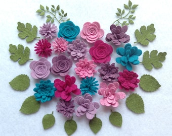 Loose Felt Flowers, Pink felt Flowers, Assembled Felt Flowers, Flower Embellishments, Purple Flowers, 20 Felt Flowers + 2 foliage+ 12 leaves