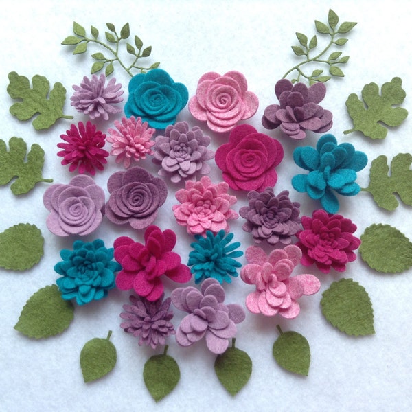 Loose Felt Flowers, Pink felt Flowers, Assembled Felt Flowers, Flower Embellishments, Purple Flowers, 20 Felt Flowers + 2 foliage+ 12 leaves