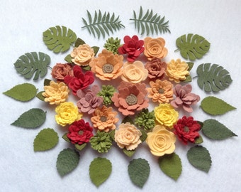 Fall Felt Flowers, Autumn Felt Flowers, Loose Felt Felt Flowers, Flower Embellishment, Colorful Felt Flowers, 25 Flowers+2 foliage+14 leaves