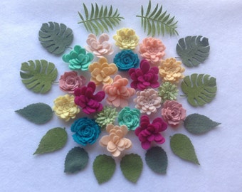 Loose Felt Flowers, Spring/Summer felt flowers,DIY Flowers,Flower Embellishment,Colorful flowers,20 Felt Flowers+2 foliage+12 leaves