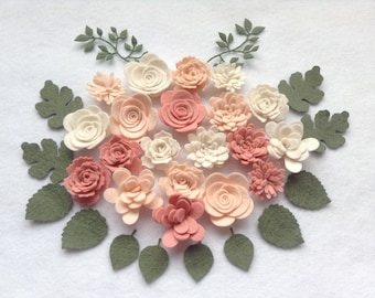 Loose Felt Flowers, Assembled Felt Flowers, Flower Embellishments, Handmade Felt Flowers, 20 Felt Flowers + 2 foliage+ 12 leaves