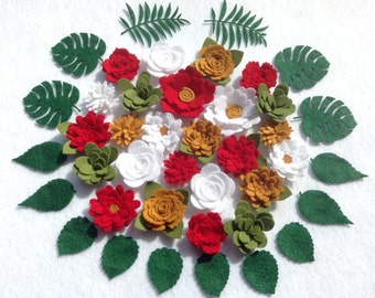 Christmas Felt Flower Set, Wool Blend Felt Flowers , Handmade Felt Flowers, Faux Flowers, Christmas Flowers, 25 flowers+ 14 leaves+2 foliage