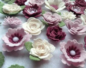 Loose Felt Flowers, Assembled Felt Flowers, Flower Embellishments, Handmade Felt Flowers, 25 Felt Flowers + 2 foliage+ 14 leaves