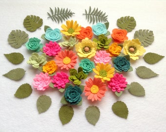 Spring Felt Flowers, Loose Felt Flowers, Rainbow Felt Flowers, Colorful Flowers, Assembled Felt Flowers, 25  Flowers+2 foliage+14 leaves