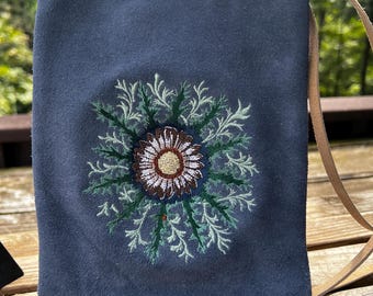 Slate Blue Embroidered Green Medieval Flower