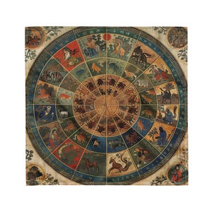 Puede incluir: Una rueda circular del zodíaco chino pintada a mano con doce animales, incluyendo la rata, el buey, el tigre, el conejo, el dragón, la serpiente, el caballo, la cabra, el mono, el gallo, el perro y el cerdo. La rueda está rodeada por un borde decorativo con un patrón repetitivo.