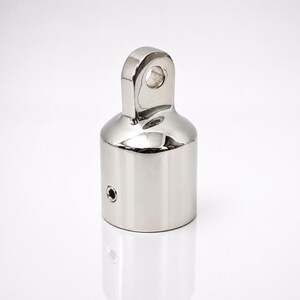 May include: A polished silver-colored metal eye end cap fitting with a cylindrical base and a single protruding loop at the top. The component features a small circular hole on the side for a set screw, providing a secure attachment point.