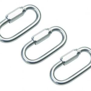 May include: Three silver metal quick links with a threaded barrel. The quick links are oval shaped and have a smooth finish.