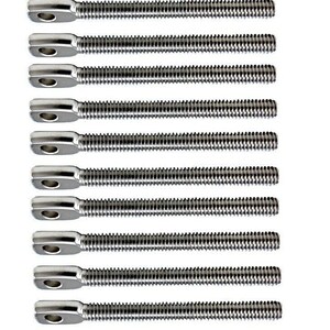May include: Ten silver-toned threaded rods with a loop at one end. The rods are arranged vertically in a row.