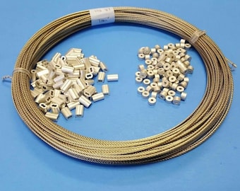 304 Stainless Steel Wire Rope Cable, 3/64", 7x7 with Sleeves & Stops~100 ft coil