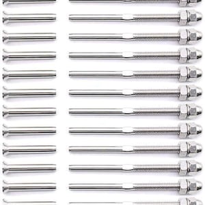 May include: A set of 20 silver-toned stainless steel cable rail fittings. Each fitting has a threaded end and a rounded end with a nut.