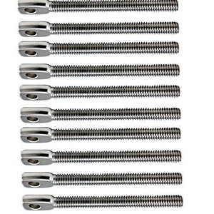 May include: Ten silver-toned threaded rods with a loop at one end. The rods are arranged vertically in a row.