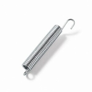 May include: A silver-colored metal tension spring featuring a tightly coiled cylindrical body. The spring includes a curved hook at the top end and a small circular loop at the bottom end, designed for mechanical attachment and extension applications.