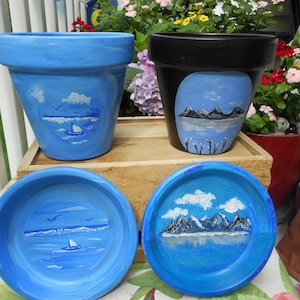 Hand Painted Terracotta Planter Pot with Saucer: Mountain or Sailboat Scenes