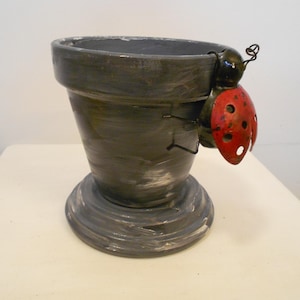 May include: A dark gray, hand-painted flower pot with a wide rim and a circular base. Attached to the side of the pot is a decorative metal ladybug figure featuring a bright red shell with black spots and a black head with wire antennae.