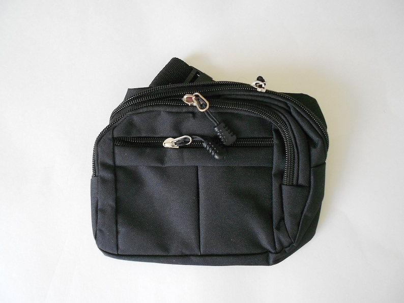 May include: Black fanny pack with multiple zippered compartments and an adjustable strap.