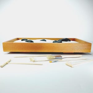Handmade XL 18 x 11 Golden Cedar Zen Garden, DEEP Depth, 11 lbs Sand, Tools, Stone, Gift Option: Message in a Bottle