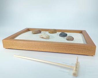 Handmade 9 x 6 Golden Cedar Zen Garden, Sand, Rake, Stone, Special Gift Option- Message in a Bottle