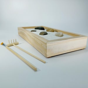 Handmade Natural Zen Sand Garden, Over 1 lb Sand, Wooden Tools, 5 Stone Zen Set, Special Gift Option- Custom Message in a Bottle!