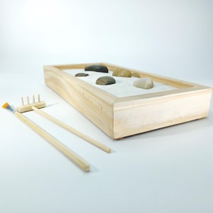 Handmade 10 x 5 Natural Zen Garden, Sand, Tools, Stone, Custom Message in a Bottle