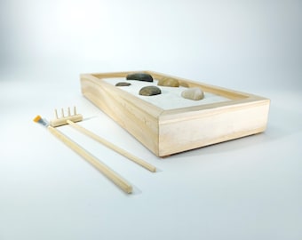 Handmade 10 x 5 Natural Zen Garden, Sand, Tools, Stone, Optional Custom Message in a Bottle