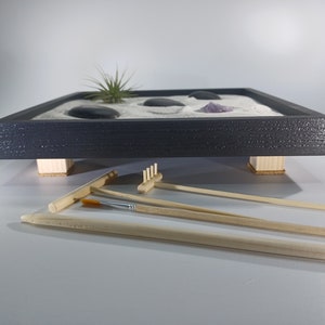 Large Black Zen Garden, Handmade, Live Air Plant, 3 lbs Sand, Tools, Crystal, Beach Pebbles, Bamboo Mat & Optional Message in a Bottle