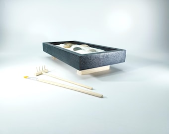 Handmade 10 x 5 Black Zen Sand Garden, Sand, Tools, Stone, Custom Message in a Bottle