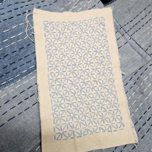 May include: A close-up of a piece of off-white fabric with a repeating blue floral pattern. The fabric is placed on top of a denim garment with white and blue stitching.
