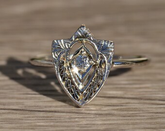 Unique Antique Art Deco White Gold and Diamond Shield Ring