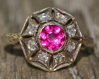 Antique Art Deco Lab Grown Ruby and Old Cut Diamond Ring