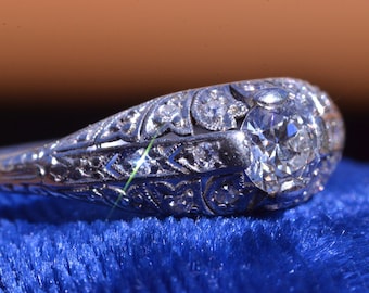 Filigree Engagement Ring in Platinum set with 0.70 carat Old European Cut Diamond