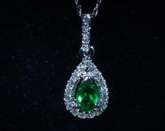 Custom Pear Shaped Emerald Halo Necklace in White Gold