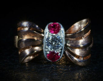 Retro 14K Rose Gold Bow Ring with Diamond and Laboratory Grown Rubies