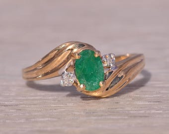1980s Emerald and Diamond Ring in Yellow Gold