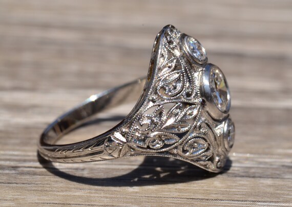 Outstanding Edwardian Three Stone Filigree Ring - image 3