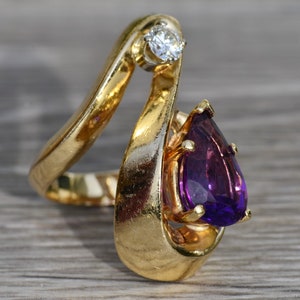 Ladies 14K Mid Century Modern Amethyst and Diamond Cocktail Ring image 5