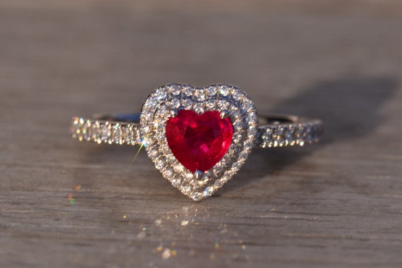 Heart Shaped Natural Ruby and Double Halo Natural… - image 1