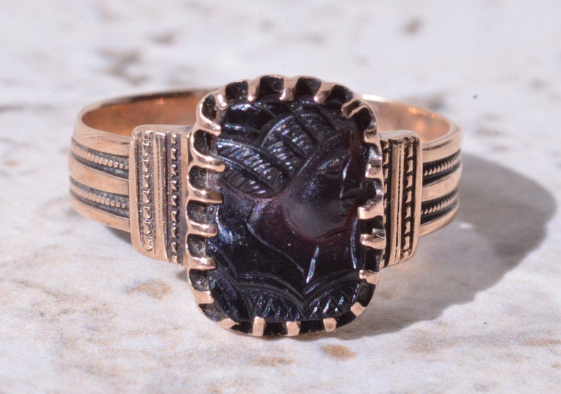 Victorian Rose Gold Ring set with Onyx Intaglio image 1