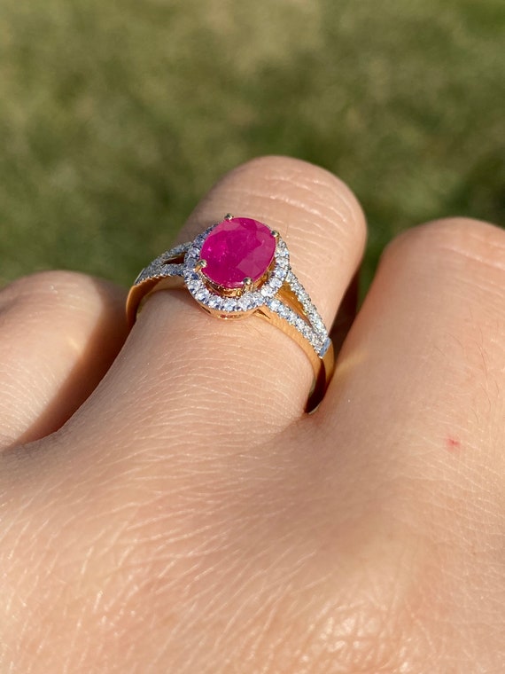 Ladies 14K Ruby and Diamond Halo Engagement Style… - image 9