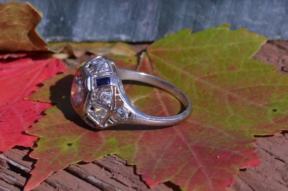Platinum and 14 Karat Filigree Ring set with Sapp… - image 5