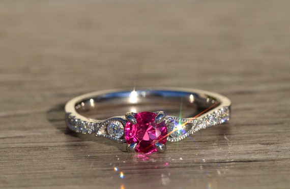 Ladies Custom Vivid Pink Sapphire and Diamond Eng… - image 6