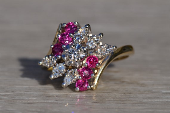 Ladies 14K Two Tone Ruby and Diamond Cluster Bypa… - image 2