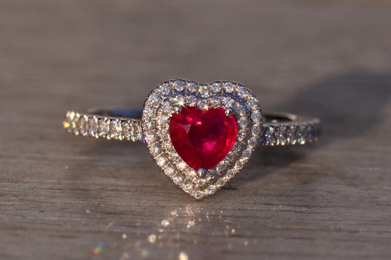 Heart Shaped Natural Ruby and Double Halo Natural… - image 6