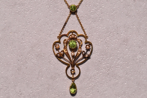 Art Nouveau Necklace Set with Peridot and Seed Pe… - image 1