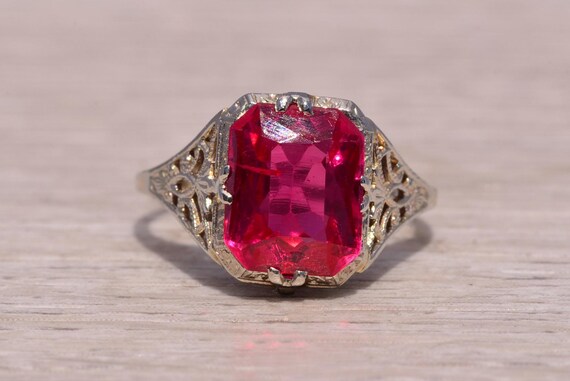 Lab Created Ruby Filigree Ring in White Gold - image 6