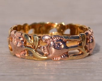 Antique Art Carved Signed Rose Gold and Yellow Gold Filigree Band